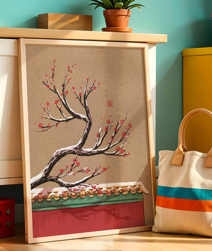 Illustration of blooming plum branch over traditional rooftop