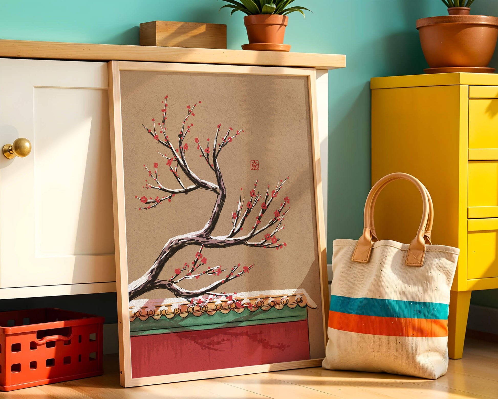 Illustration of blooming plum branch over traditional rooftop