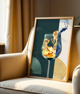 Fusión elegante de líquidos en una copa de vino con elementos dorados y azules