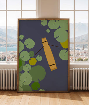 Top view of a yellow canoe among green lily pads on a calm lake
