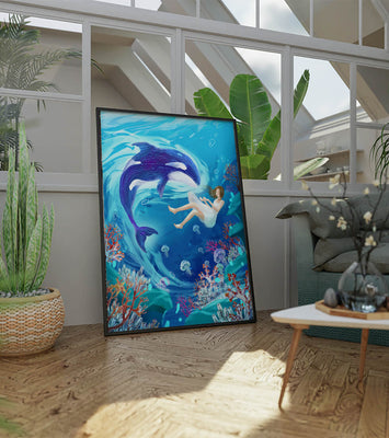 Underwater fantasy scene with a playful whale and a girl floating amidst coral and jellyfish