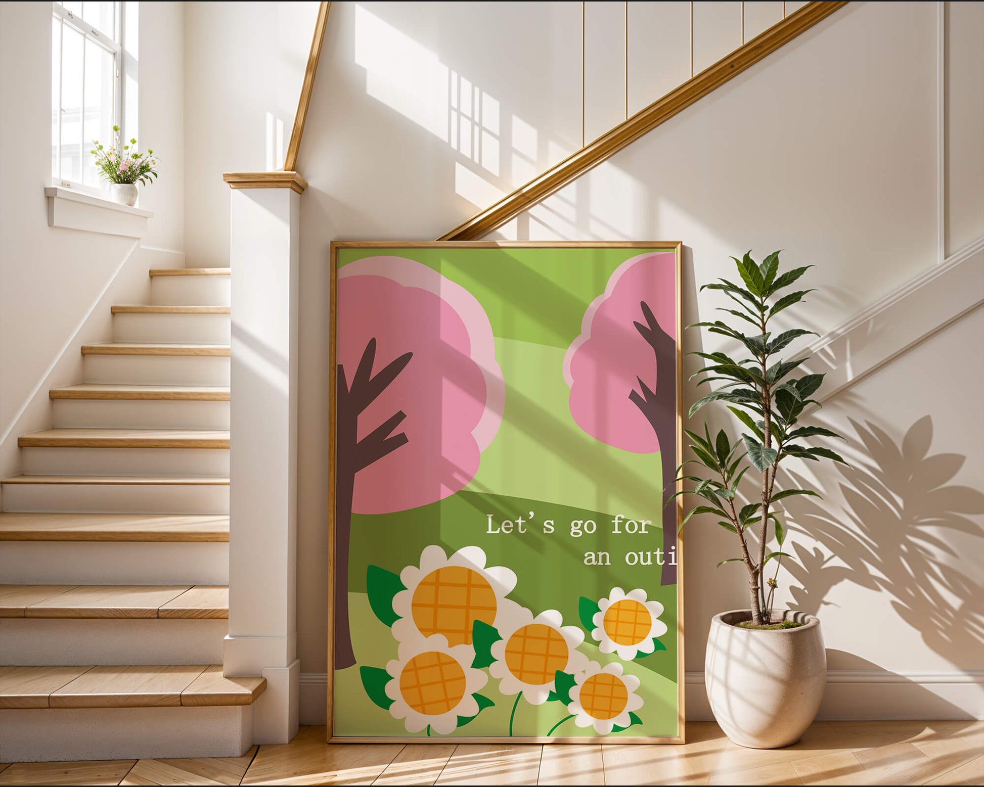 Charming spring landscape with pink trees and daisies
