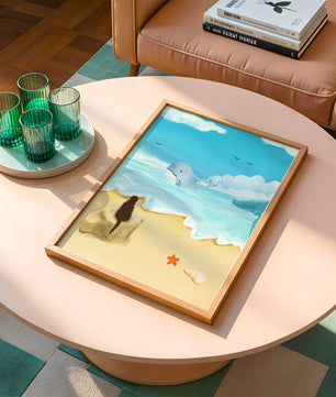 Meeresblick mit Wal und Elemente am Strand