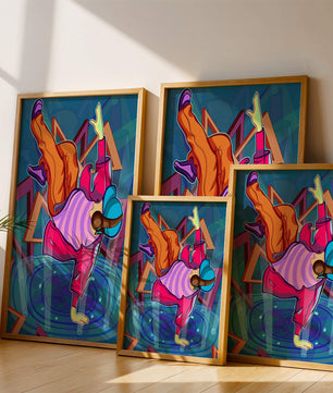 Colorful breakdancer in dynamic urban artwork
