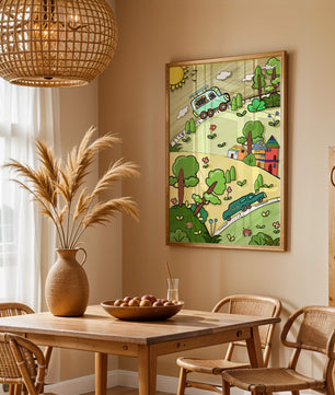 Whimsical landscape with houses, cars, and colorful flora