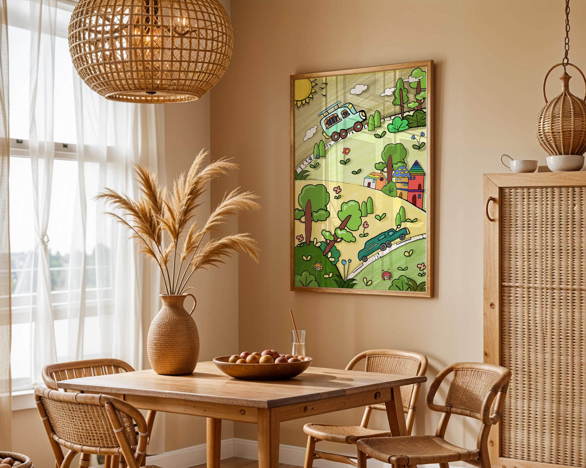 Whimsical landscape with houses, cars, and colorful flora