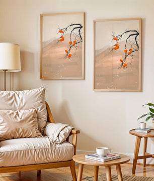 Branch with Persimmons and Snow in Minimalistic Landscape