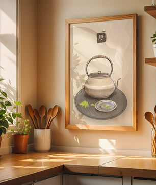Traditional Japanese teapot with steaming tea and serene setting