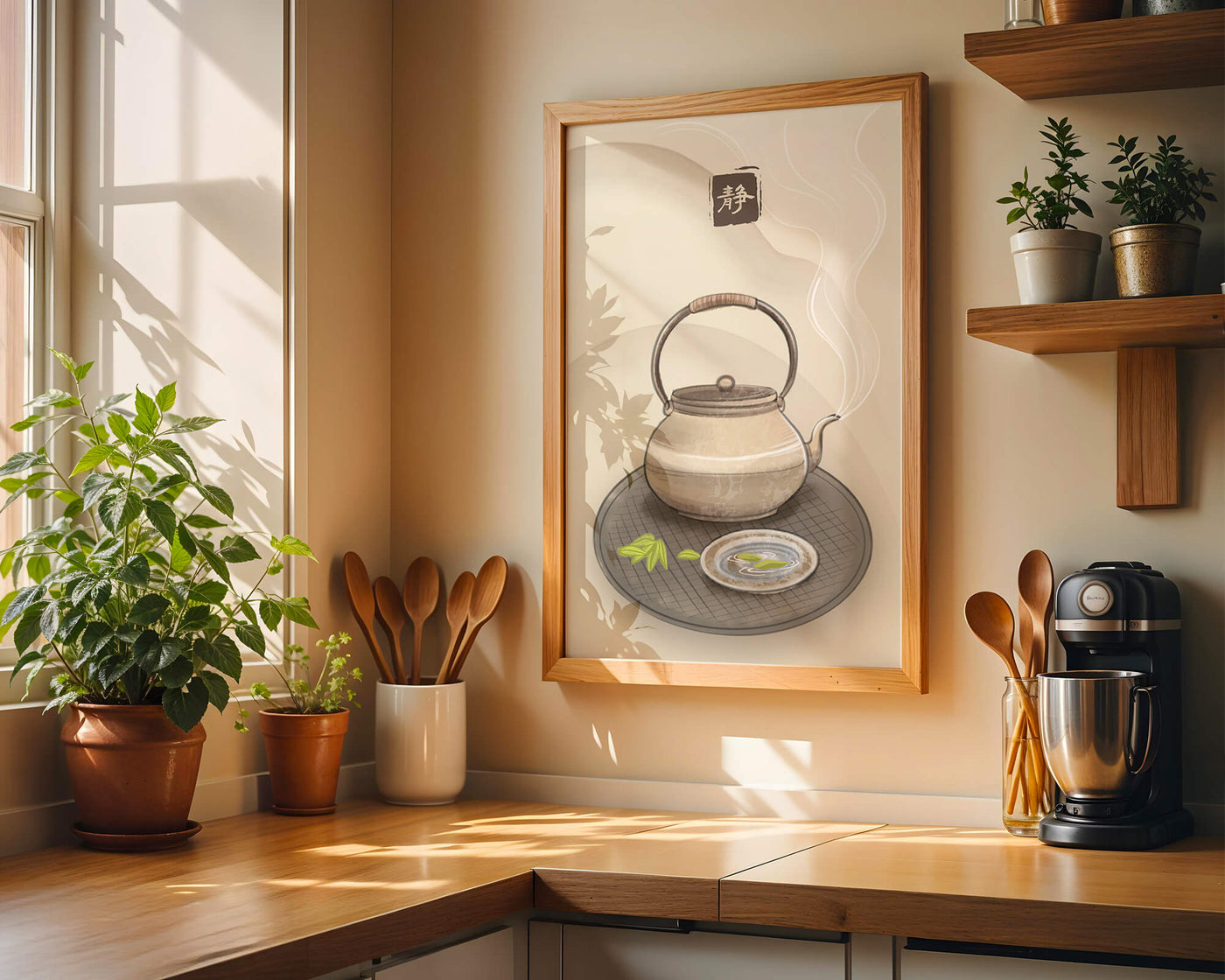 Traditional Japanese teapot with steaming tea and serene setting