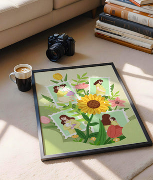 Ilustración de momentos familiares con fondo floral vibrante
