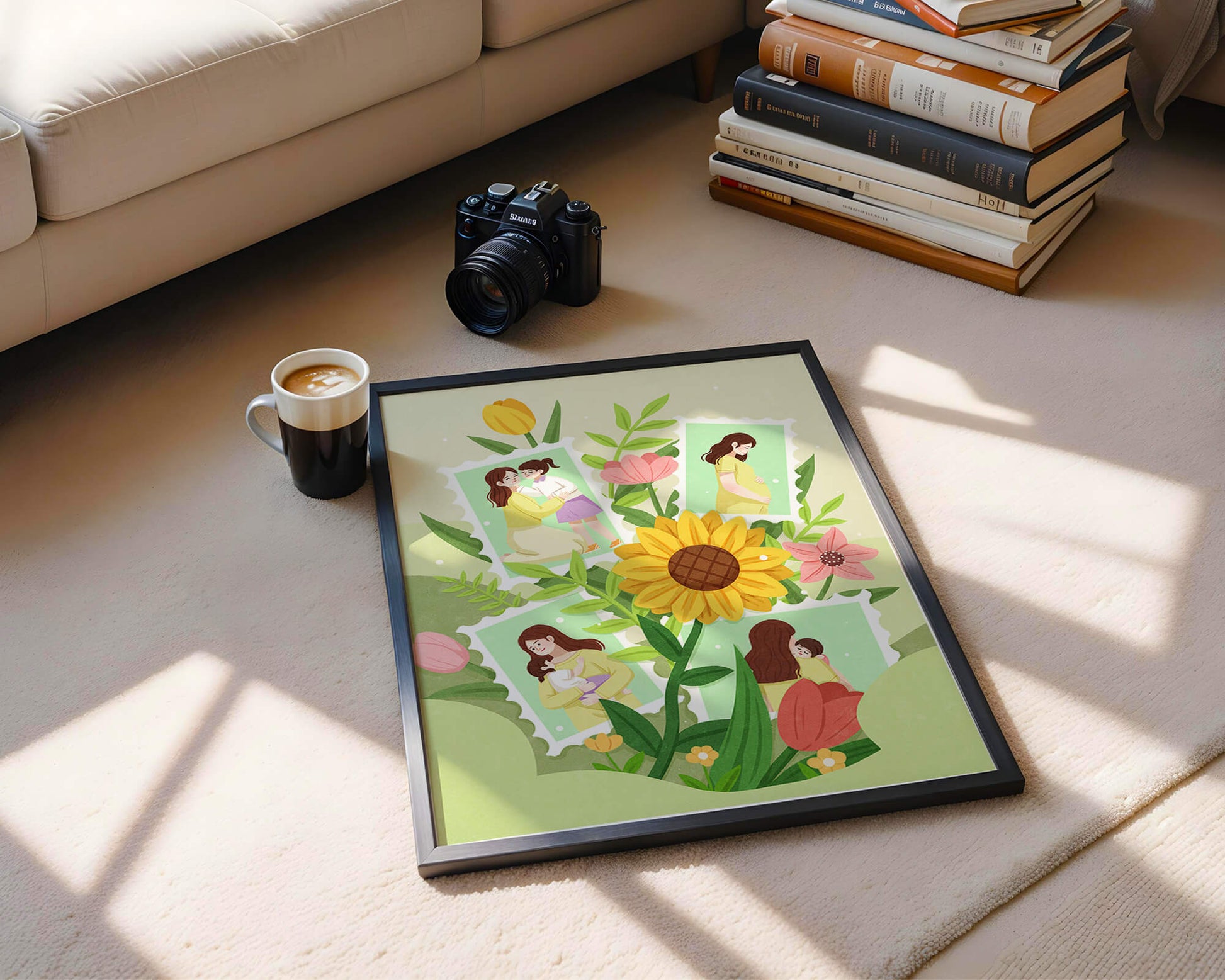 Ilustración de momentos familiares con fondo floral vibrante