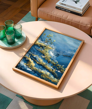Textura abstracta en azul y dorado con patrones dinámicos