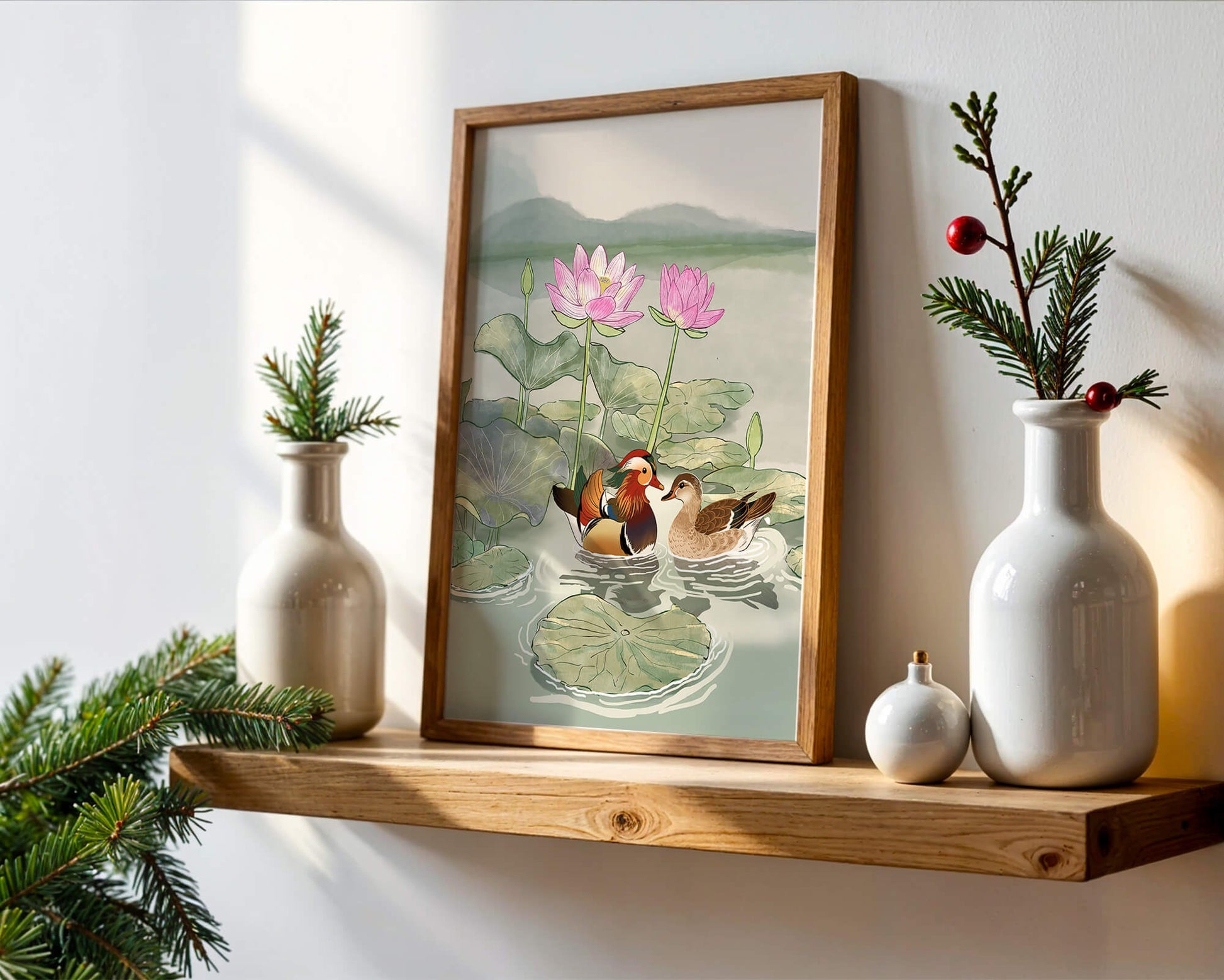 Patos mandarines y flores de loto en un estanque tranquilo