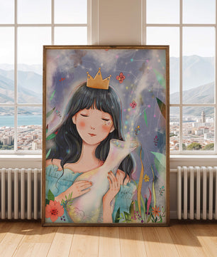 Retrato encantador de una chica con corona en un jardín mágico