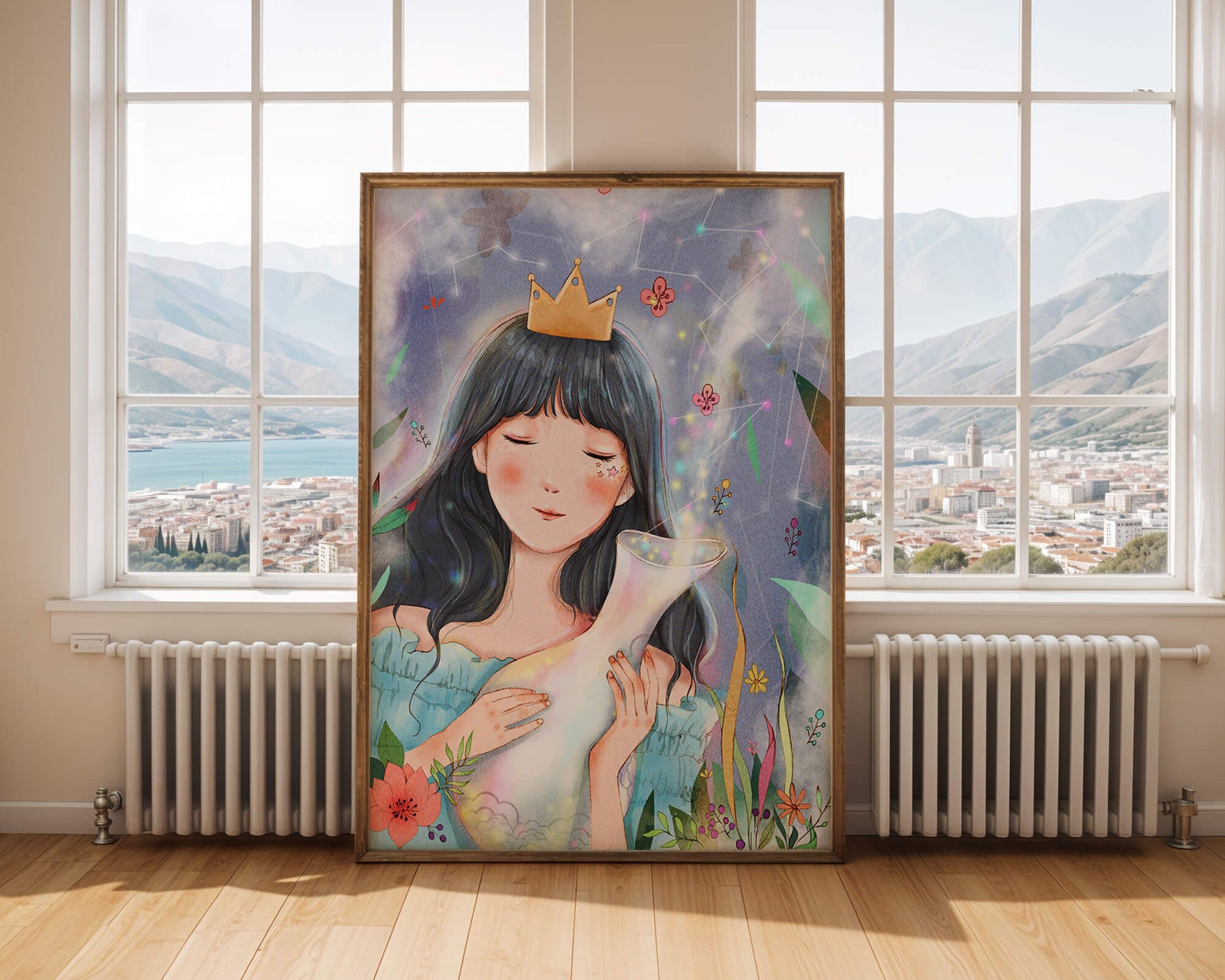 Retrato encantador de una chica con corona en un jardín mágico
