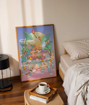 Illustration pittoresque d’un temple chinois avec des lanternes flottantes et un paysage serein
