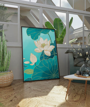 Lotus Flowers with Golden Accents on Aqua Background