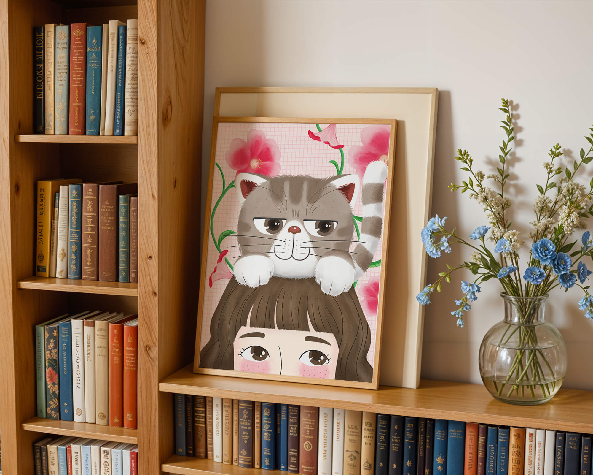 Illustration of a cat sitting on a person's head with pink flowers