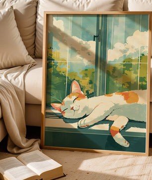 Peaceful Cat Napping by the Window with Sunlit Garden View - Mi tienda
