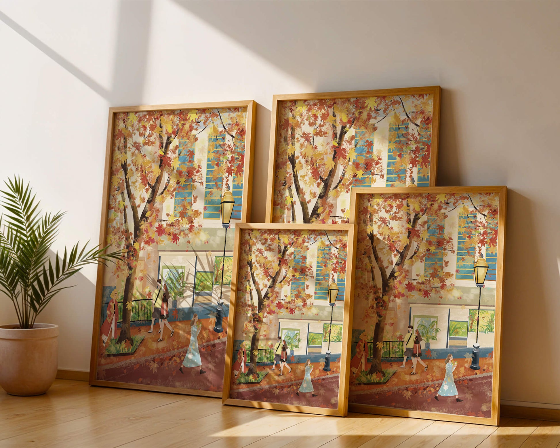 Calle de la ciudad en otoño con hojas coloridas y personas caminando