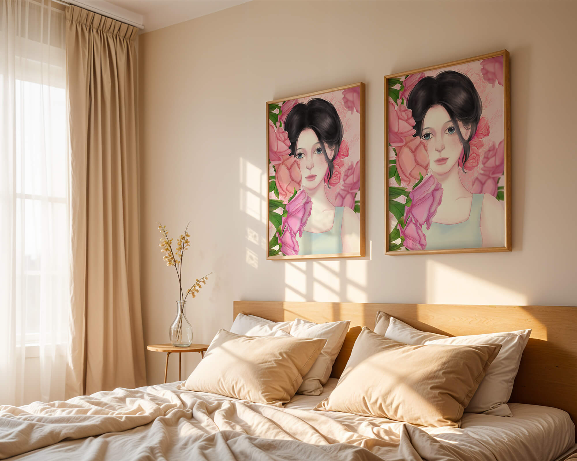 Illustration of a woman surrounded by pink roses