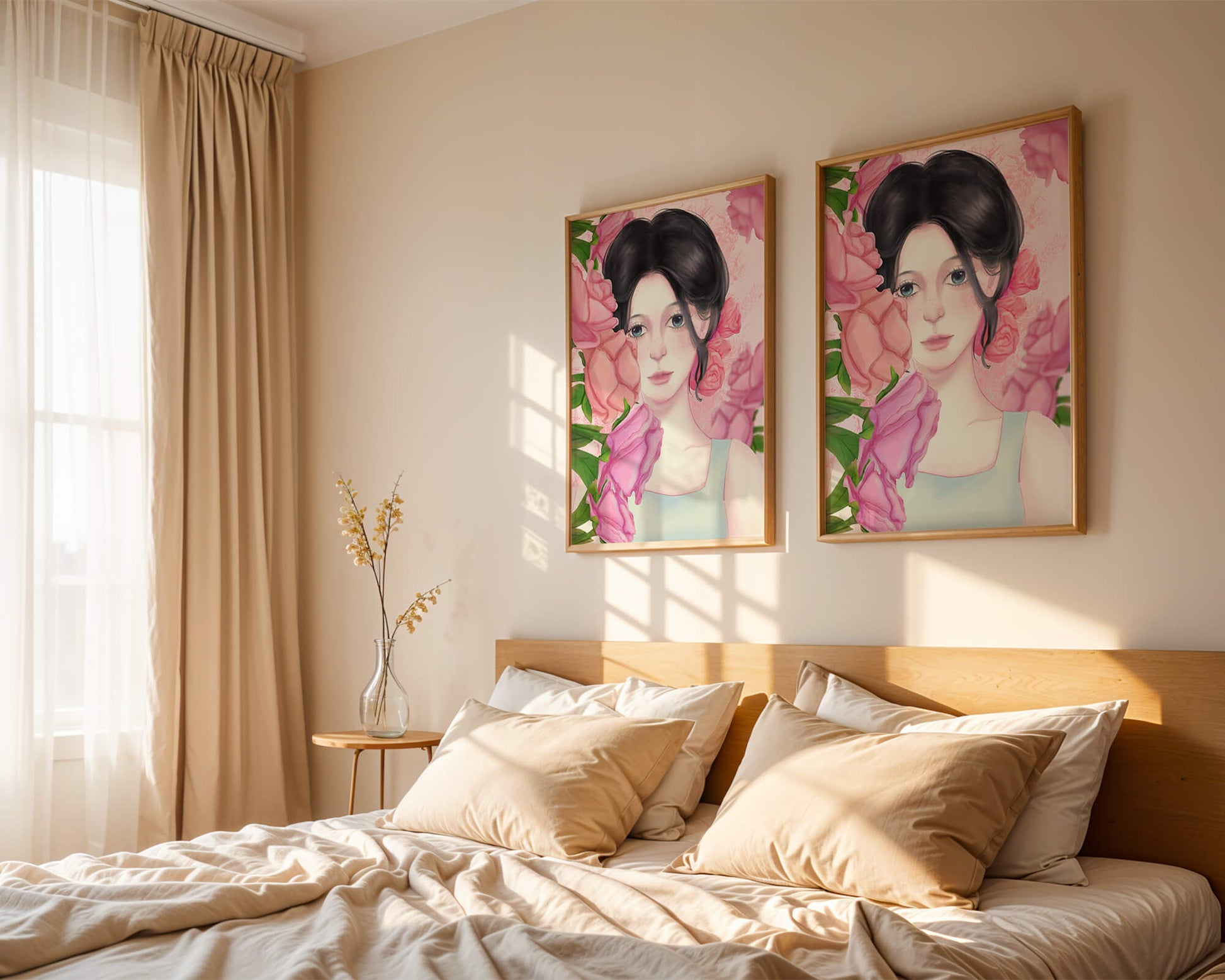 Illustration of a woman surrounded by pink roses