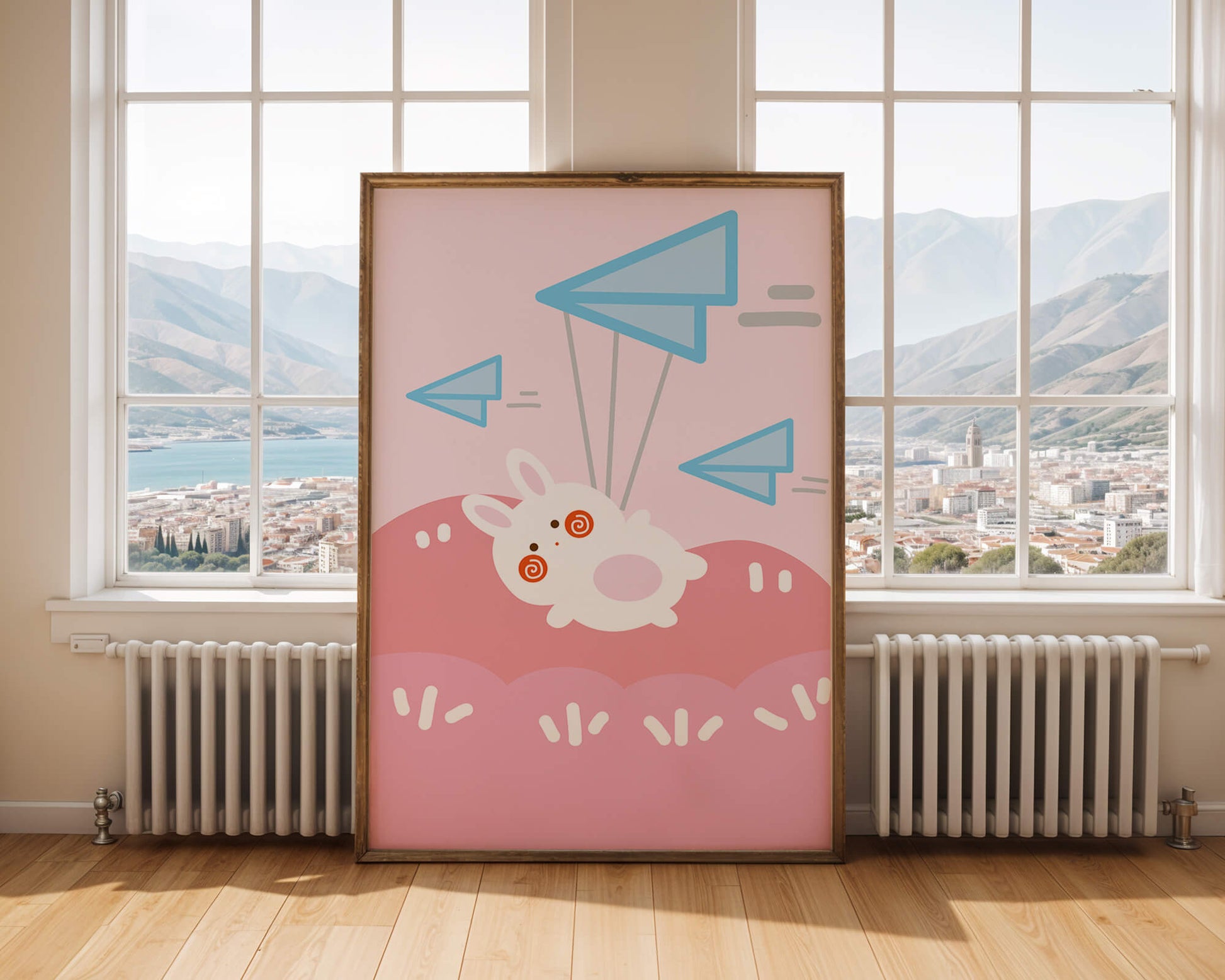 Adorable cartoon bunny flying with paper planes on a pink background