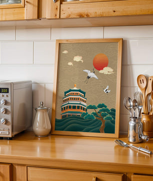Traditional Asian artwork with cranes and pagoda under a red sun
