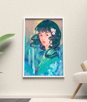 Retrato onírico de una niña con elementos florales y fondo natural