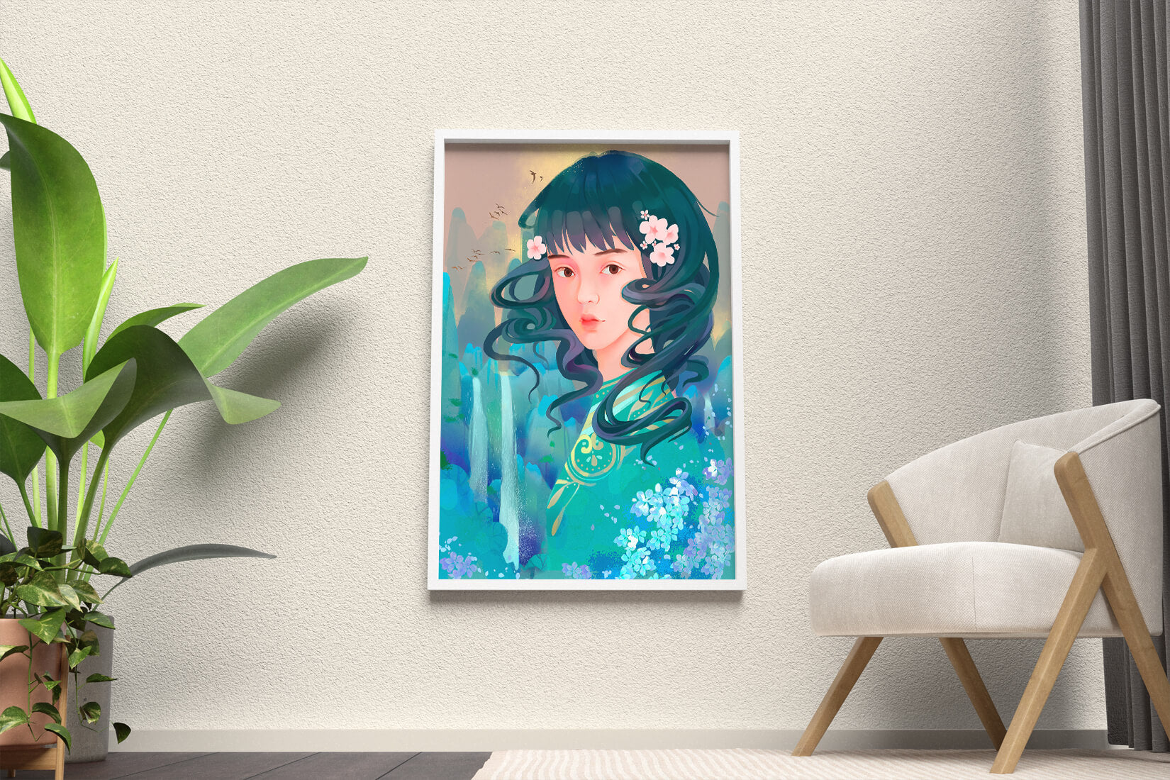 Retrato onírico de una niña con elementos florales y fondo natural.