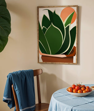 Ilustración contemporánea de una planta serpiente con fondo de amanecer