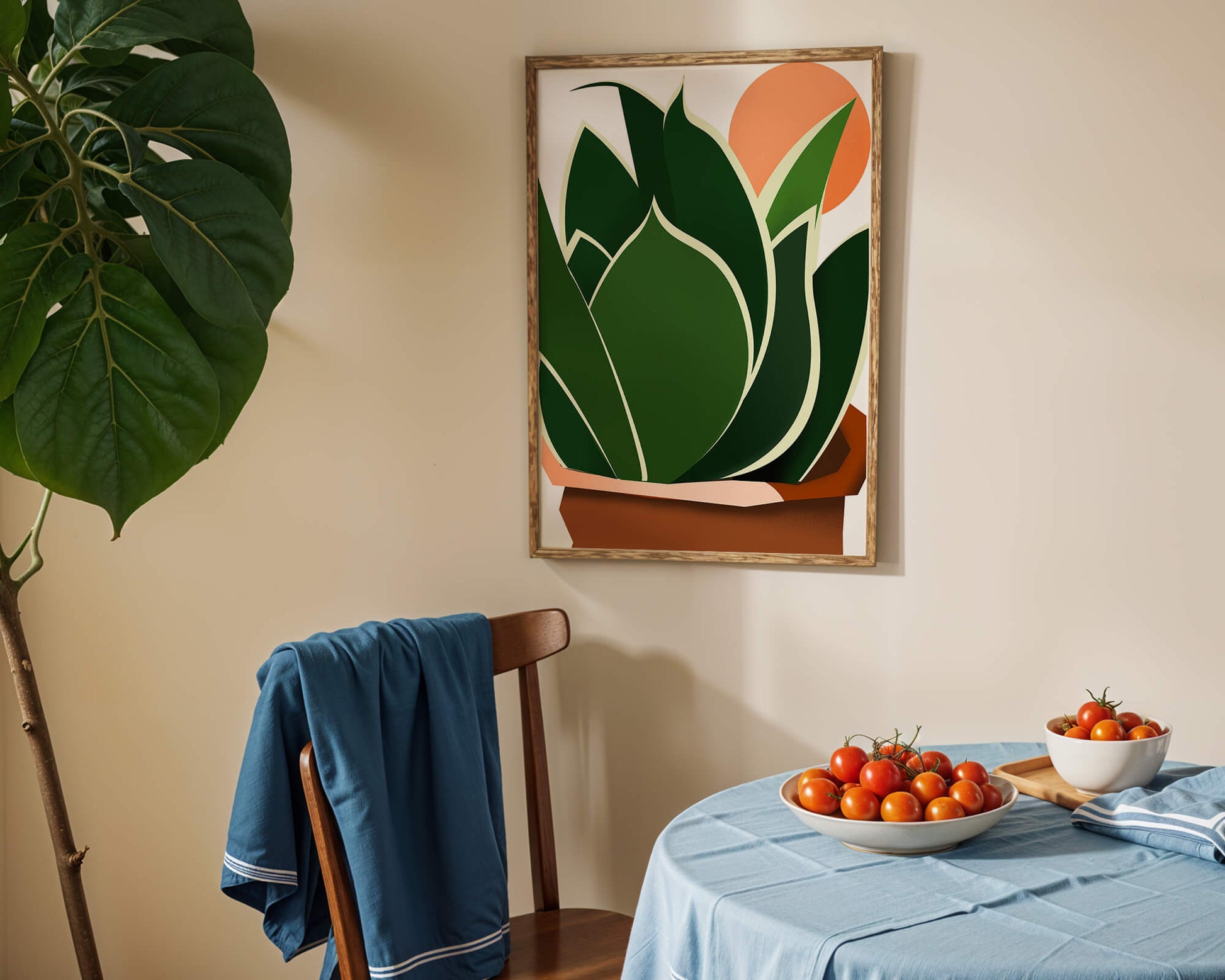 Ilustración contemporánea de una planta serpiente con fondo de amanecer