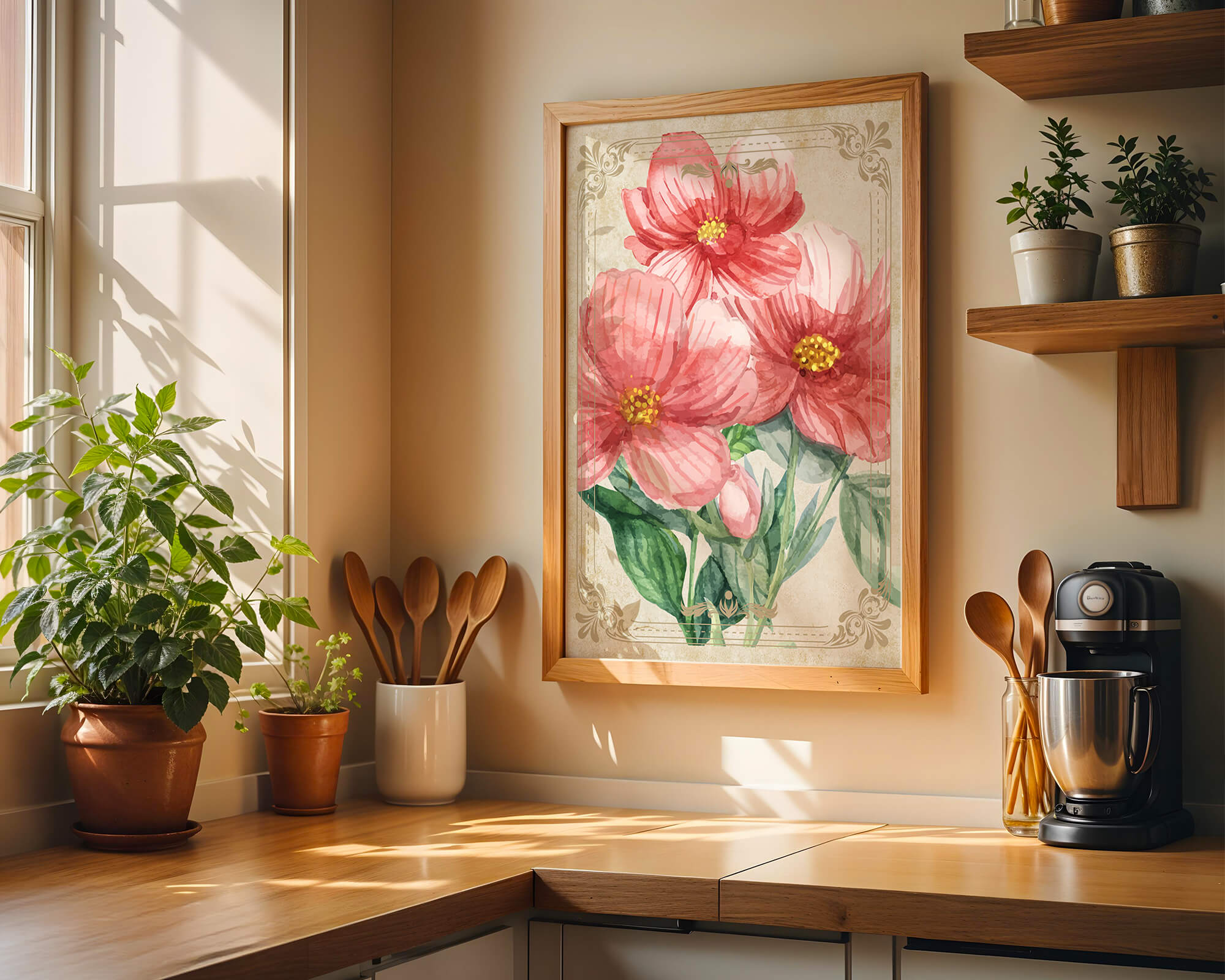 Watercolor floral illustration with pink blooms and green foliage