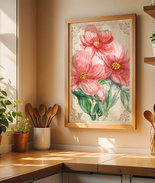 Watercolor floral illustration with pink blooms and green foliage