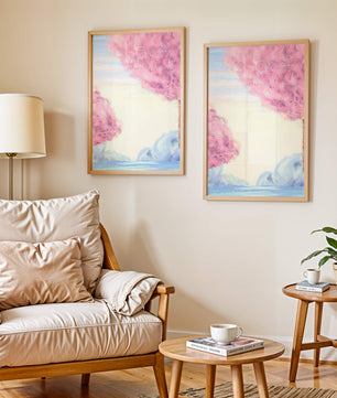 Serene Landscape with Cherry Blossom Trees and Tranquil Sky