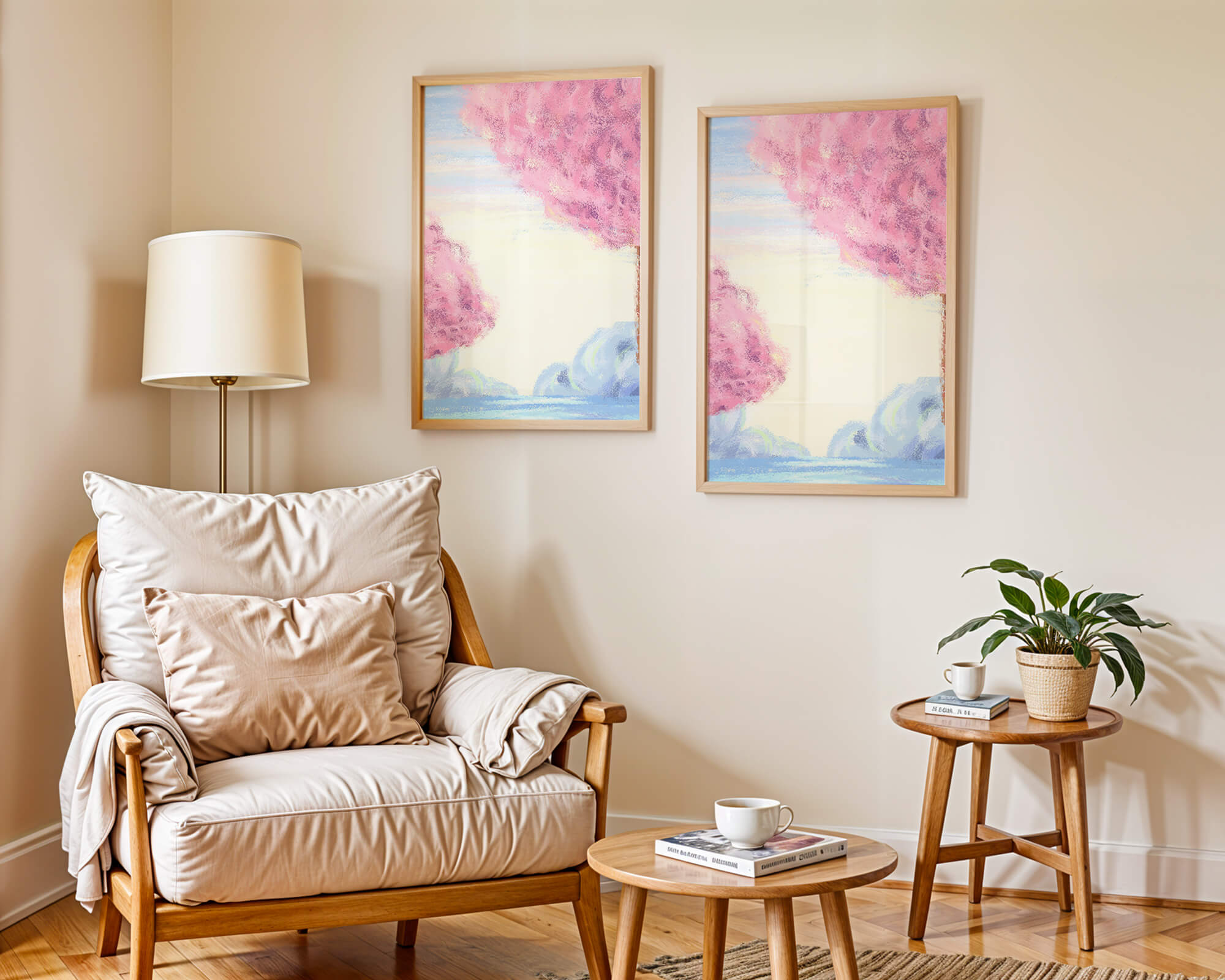 Serene Landscape with Cherry Blossom Trees and Tranquil Sky