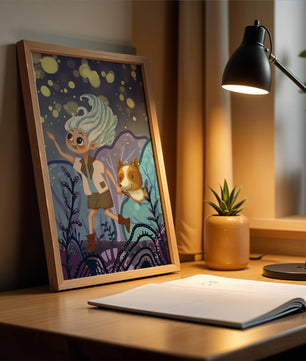 Whimsical Adventure in a Magical Night Sky Landscape