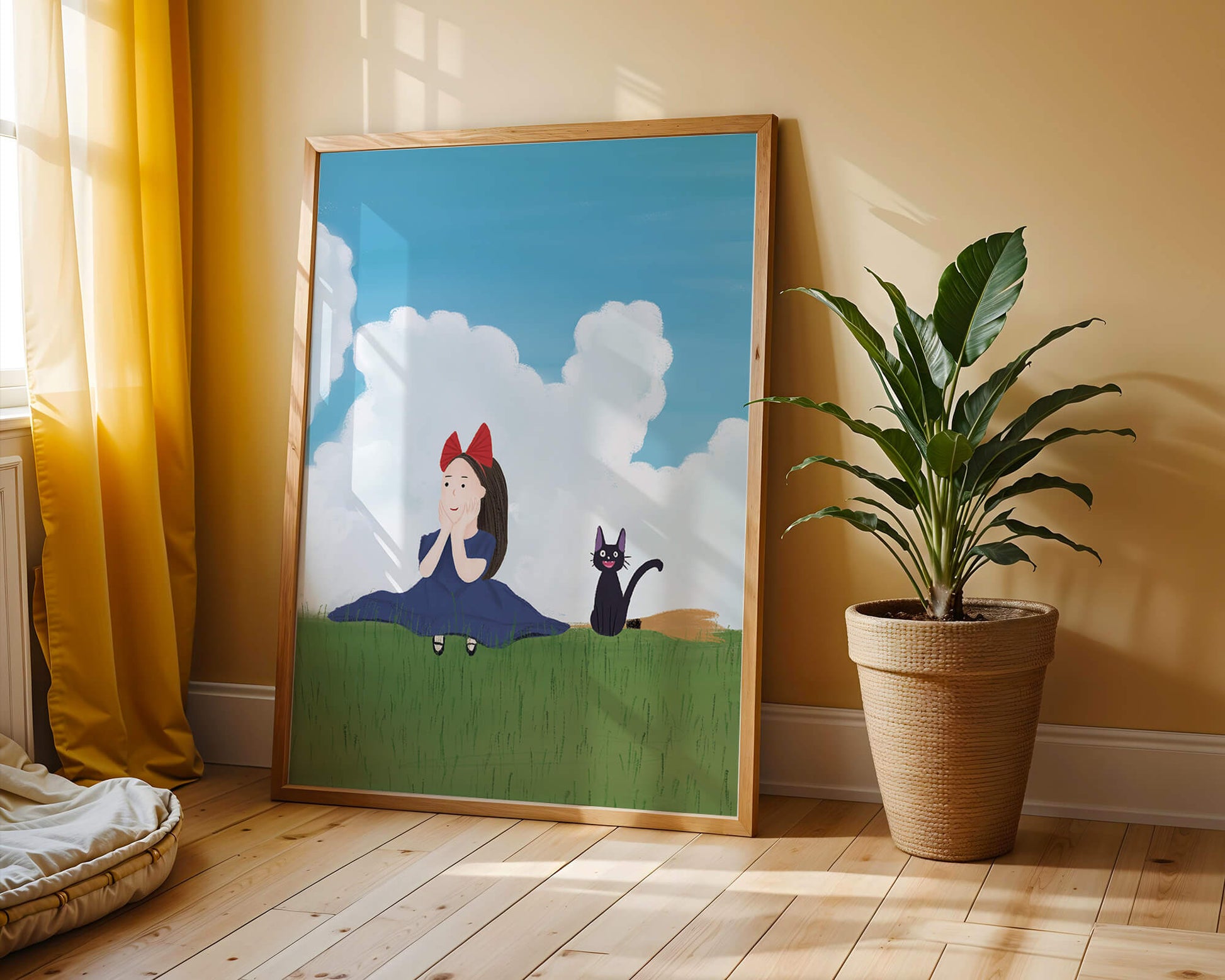 Girl with Red Bow and Cat in Lush Green Meadow