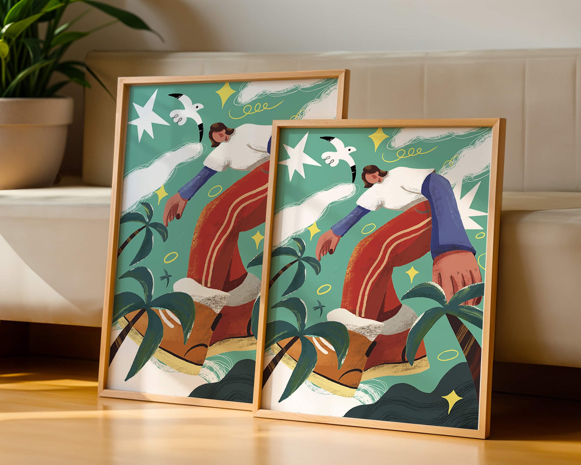 Colorful Abstract Surreal Landscape with Giant Figure and Nature Elements