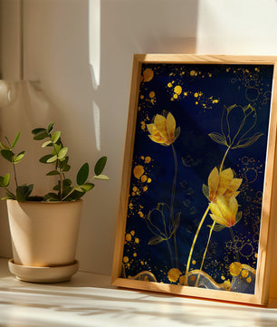 Diseño floral elegante con flores doradas sobre fondo azul marino
