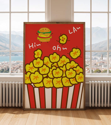 Playful illustration of popcorn and burger characters on a red background