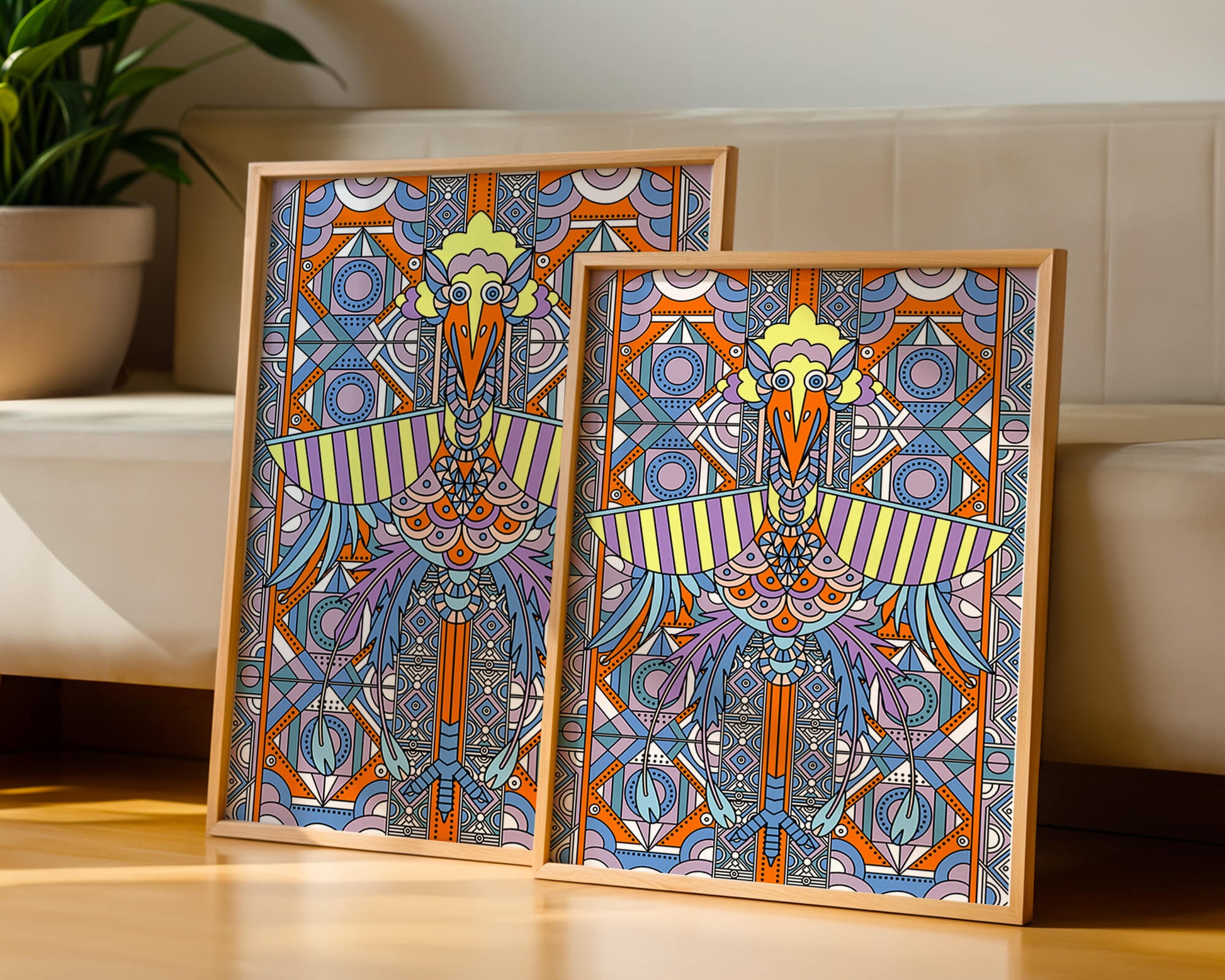 Arte geométrico de aves con patrones coloridos y detalles intrincados