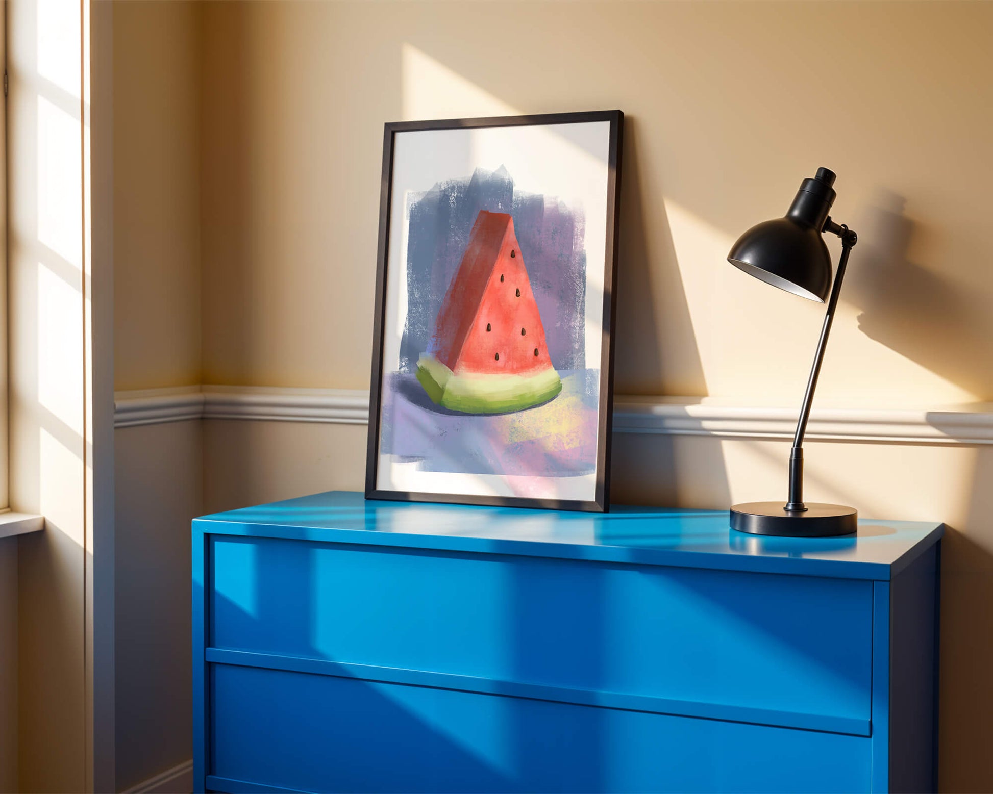 Watercolor illustration of a watermelon slice with abstract background