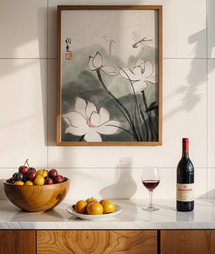 Delicate watercolor of lotus flowers with dragonfly in serene atmosphere