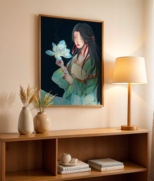 Elegant Woman Holding Glowing Lotus in Tranquil Nightscape