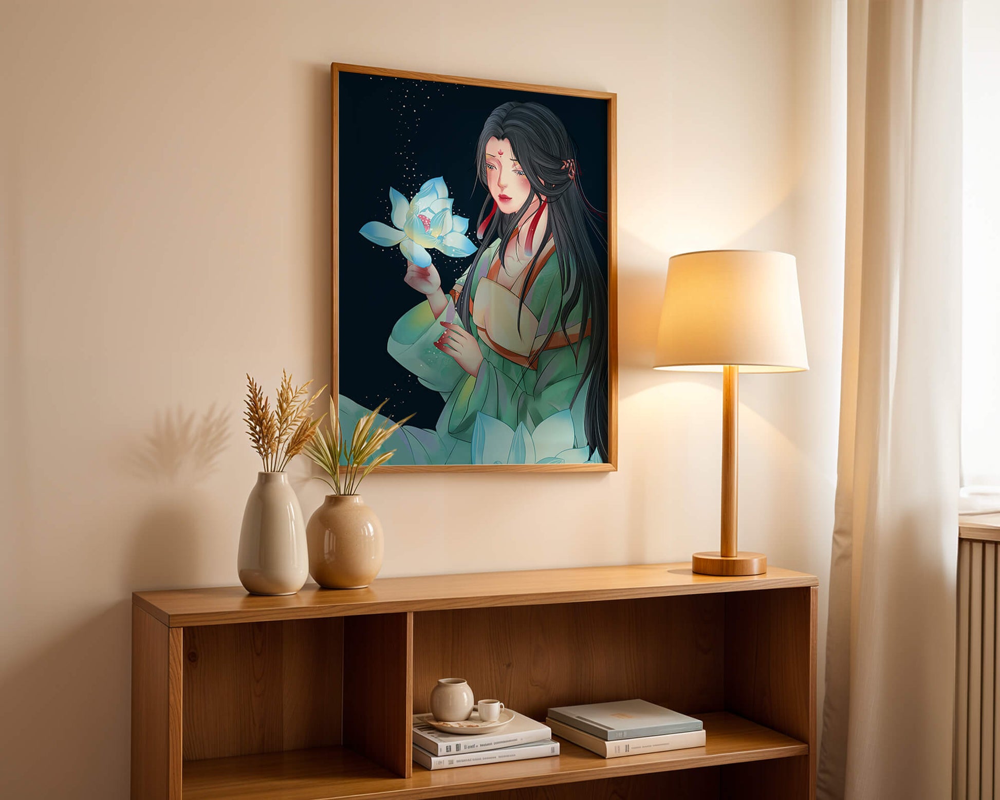 Elegant Woman Holding Glowing Lotus in Tranquil Nightscape
