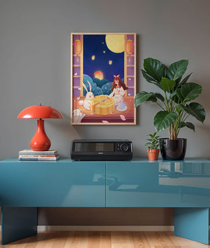 Moonlit Night with Lanterns and Tea Ceremony Featuring Rabbits and Mooncakes