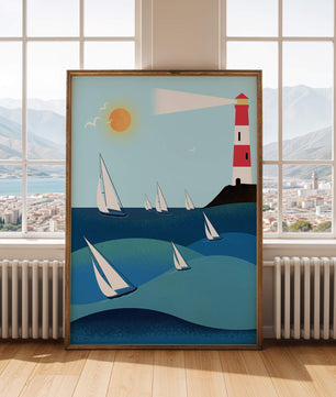 Coastal scene with sailboats and lighthouse on a bright sunny day