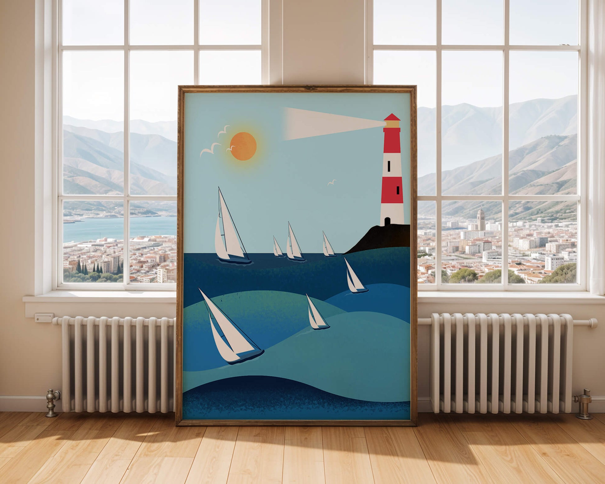 Coastal scene with sailboats and lighthouse on a bright sunny day