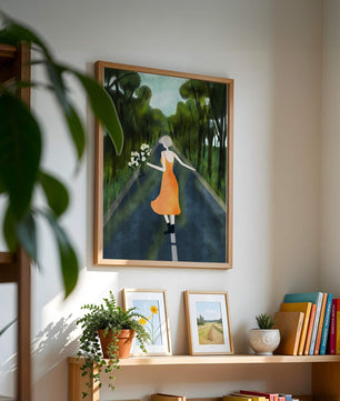 Femme en robe orange marchant sur une route avec des fleurs dans la forêt